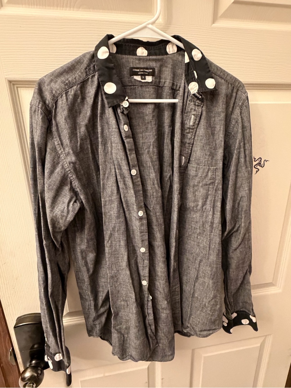 Comme des Garcons Gray Button-Up Shirt with Black Polka Dot Trim
